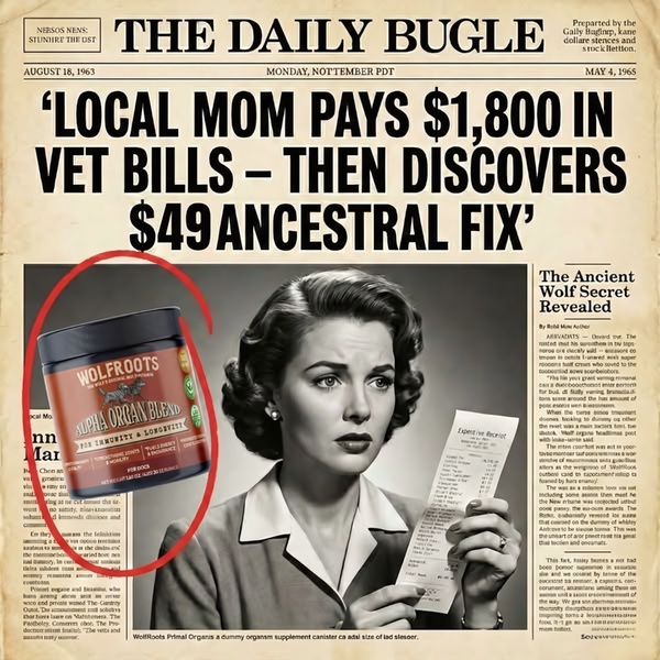 A square-format static ad utilizing a 1960s newspaper aesthetic to present a dramatic testimonial hook for a dog supplement brand.